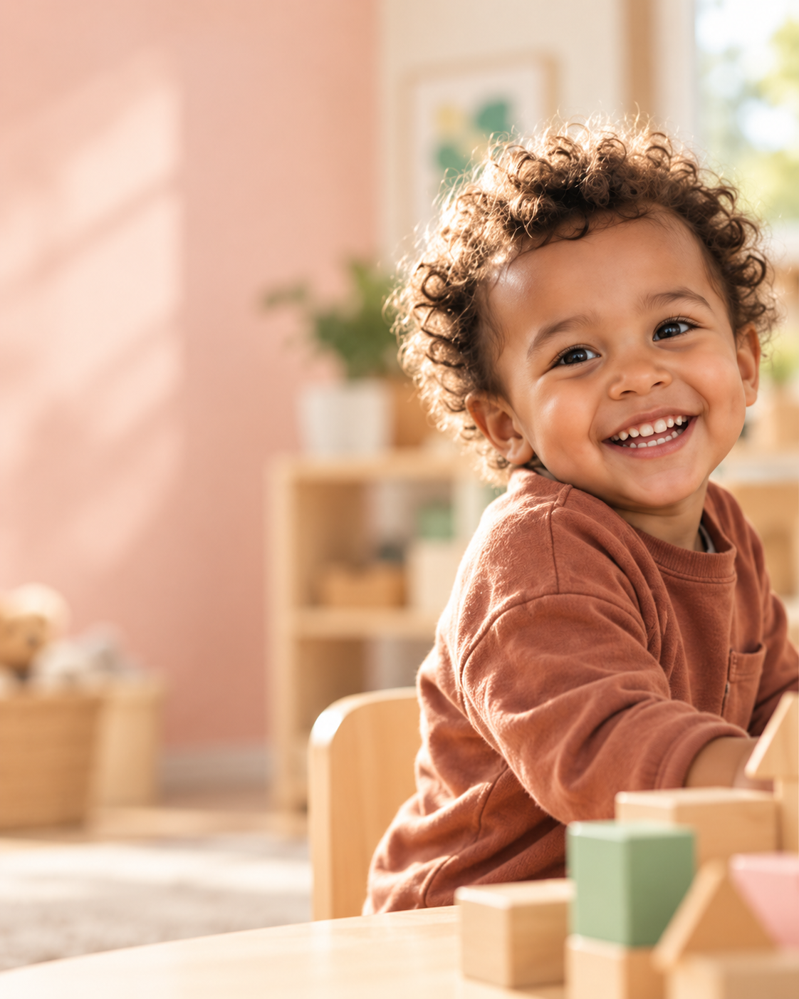 A smiling toddler playing with wooden blocks