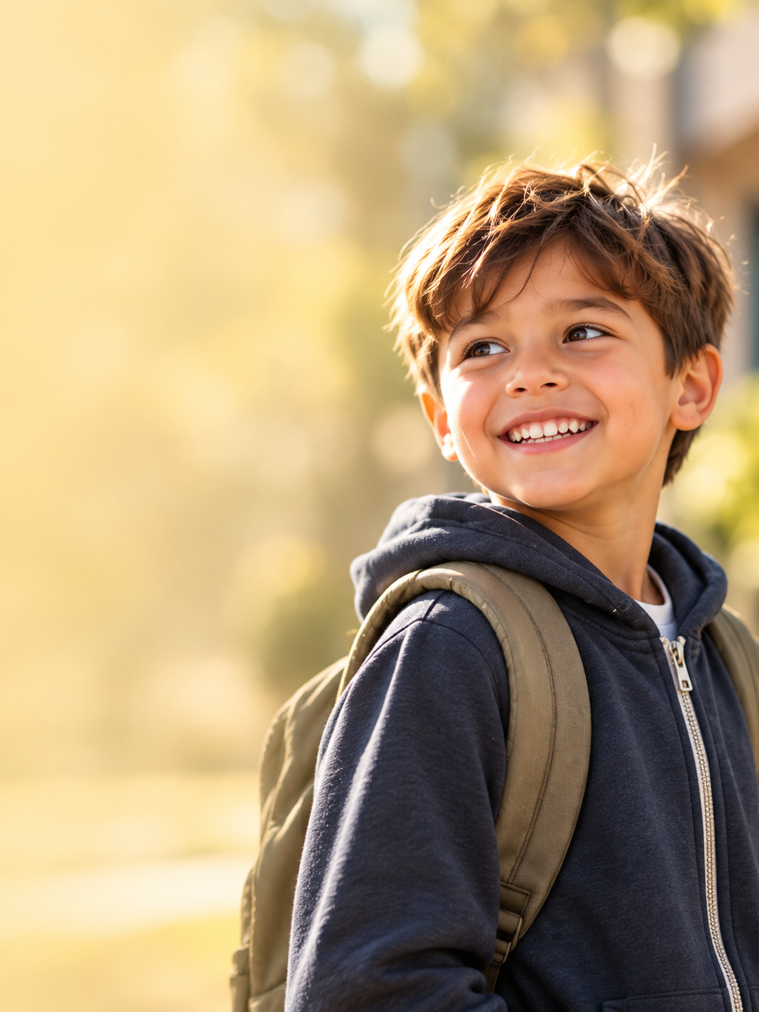 Smiling school-age boy with a backpack