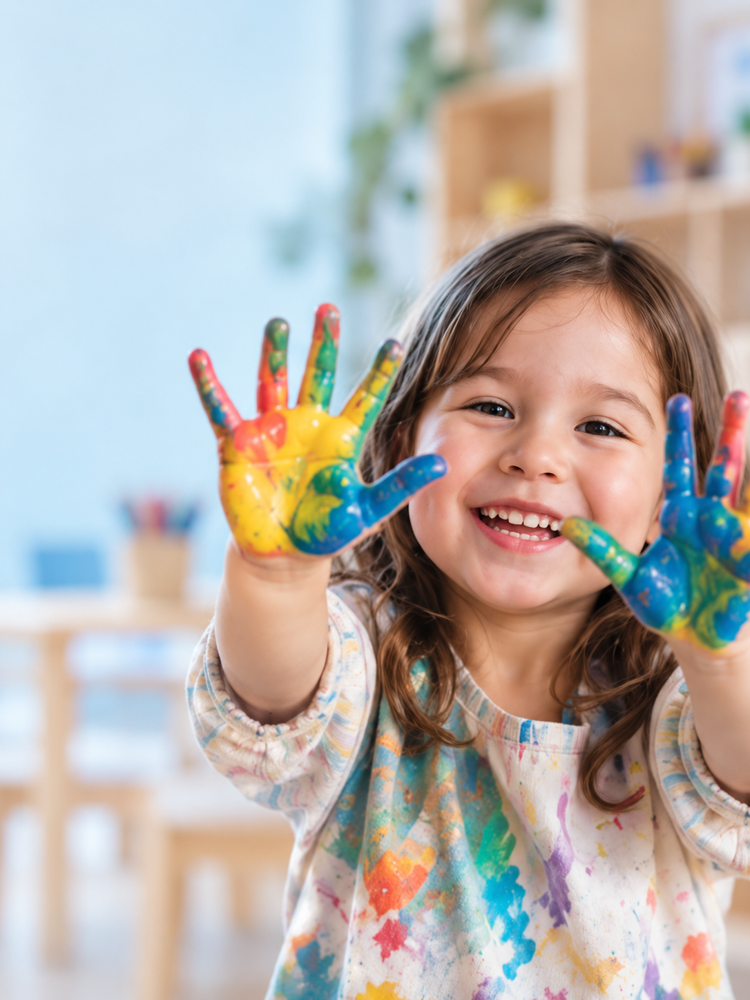 Smiling preschooler showing colorful painted hands